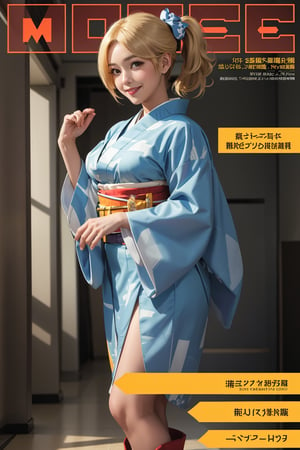 (masterpiece, best quality:1.2),
1girl,
(Dynamic pose:0.88),
(solo:1.5),
(cowboy shot:1.2),
(from side way:0.8),
(thigh:0.3),

((Kirara_kimono,blonde hair)),japanese clothes,dark-skinned female,dark skin,hair ornament,smile,boots,side ponytail,looking at viewer,standing,blue kimono,wide sleeves,indoors,
((standing)),night,

(floating hair:1.1),
(magazine cover title:1.3) ,More Detail,