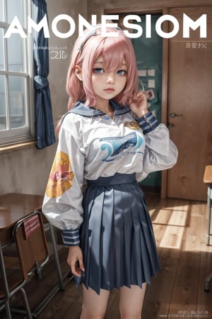 (masterpiece, best quality:1.2), 
1girl, 
(Dynamic pose:1.1), 
(solo:1.5), 
(cowboy shot:1.2), 
(from side way:0.4),
(thigh:0.2), 






aakomaro,
((pink hair)),
((long hair)),hair between eyes,
((school uniform)),sailor collar,white shirt,long sleeves,blue skirt,(pantyhose:1.2),black pantyhose,loafers,
(((in dark room))), window,





(wind:1.5), 
(magazine cover title:1.3),aakomaro