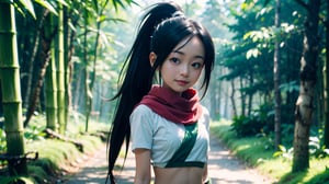 masterpiece, 
best quality, 
KunoTsubakiv1, 
black eyes, 
black hair, 
closed mouth, 
looking at viewer, 
shirt, 
long hair, 
solo, 
asymmetrical bangs, 
forehead, 
high ponytail, 
navel, 
ponytail,
red scarf, 
scarf short sleeves, 
smile, 
pelvic curtain, 
shorts, 
green gloves, 
arm warmers, 
fingerless gloves,
,chinatsumura




Hazy bamboo forest at sunrise, a dreamweaver in meditation, surrounded by a soft glow, her expression a mix of inner peace and enchantment