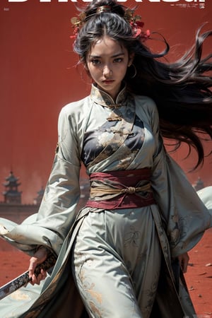 (masterpiece, best quality:1.2), 
1girl, 
(Dynamic pose:0.8), 
(solo:1.5), 
(cowboy shot:1.2), 
(from down top:0.8),
(thigh:0.4), 



swordsman,
(dramatic, gritty, intense:1.4),
(hanfu),
dress,
(dark skin:1.5),
red ribbon,jewelry,wind,long sleeves,
(long hair:1.5),
hair ornament,tassel, holding weapon, sword,realistic,bamboo grove,Chinese architecture,Chinese Zen style,

(wind:1.4), 
(magazine cover title:1.2), 
(gold background:0.9),




