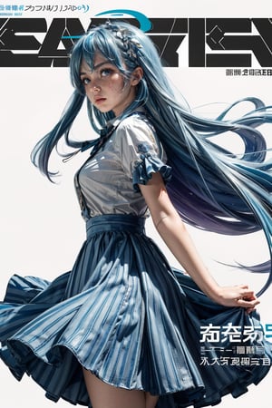 (masterpiece, best quality:1.2), 
1girl, 
(Dynamic pose:0.8), 
(solo:1.5), 
(cowboy shot:1.2), 
(from side way:0.8),
(thigh:0.3), 





(((long hair))),(((blue hair ))),
(((dress skirt))),






(wind:1.5), 
(magazine cover title:1.3), 









