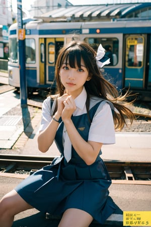 (masterpiece, best quality:1.2),
1girl,
(Dynamic pose:1.1),
(solo:1.5),
(cowboy shot:1.2),
(from side way:0.19),
(thigh:0.2),

((sitting)),((long hair)), ribbon,bangs,
sad, sunset, school uniform,
photo 15mm, photo 35mm, Train station in Japan during the daytime, high detail, realistic photography, 35mm format, Fujifilm 50R,

(wind:1.4),
(magazine cover title:1.4) ,
,fujifilm