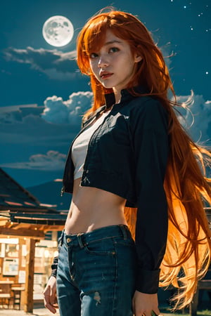 (masterpiece, best quality:1.2),
1girl,
(Dynamic pose:0.5),
look at viewer,
(solo:1.5),
(cowboy shot:1.2),
(from sidw way:0.9),
(thigh:0.4),

(long hair:1.5), 
(orange hair:1.4),
green eyes, 
starry sky,
night,
moon,