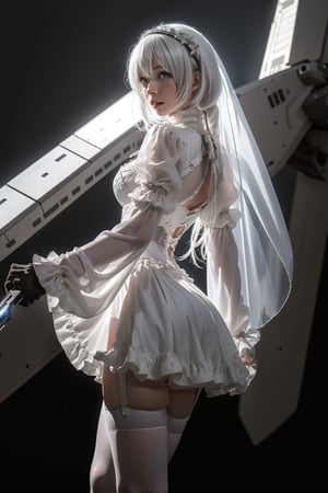 (masterpiece, best quality:1.2),
1girl,
(Dynamic pose:0.88),
(solo:1.5),
(cowboy shot:1.2),
(from side way:0.1),
(thigh:0.3),

ruanyi0618,bridal veil,frills,frilled sleeves,long sleeves,white leotard,white thighhighs,wide sleeves,see-through,veil,garter belt,clothing cutout,lying,((very long hair)), plant skirt, standing, swords,
(((huge spaceship background))),
((from bottom)),

(floating hair:1.1),More Detail,