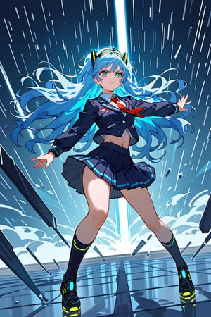 (score_9, score_8_up, score_7_up), (((1girl))), 

(long blue hair, flowing curls, glowing hairband), (futuristic school uniform, sleek design, knee-length skirt), (determined expression, fierce gaze, action-ready pose), (wide shot, dramatic angle, high contrast), massive robot, neon-lit city, rainy atmosphere, reflections on pavement, dynamic action scene, cyberpunk style, intricate details