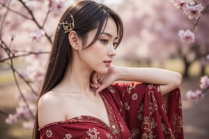 She is an Asian woman from Japan, dressed in a deep red kimono with golden floral patterns, the neckline slightly open to reveal her graceful collarbone, adding a touch of alluring elegance. Her long, black hair is elegantly pinned up with golden hairpins, with a few loose strands softly framing her face. The background is a garden in full cherry blossom bloom, where the pale pink flowers sway gently in the spring breeze. The photography uses soft lighting to create warm, rich tones, making the entire scene feel like a delicate painting that perfectly balances her poise and charm.