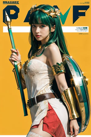 (masterpiece, best quality:1.2),
1girl,
(magazine cover title:1.4),
(Dynamic pose:0.8),
look at viewer,
(solo:1.5),
(cowboy shot:1.2),
(from side way:0.9),
(thigh:0.4),


, hmpa1, palutena, 
(long hair:1.3),
(green hair:1.3),
(parted bangs), tiara, necklace, bare shoulders, strapless dress, vambraces, belt, white dress, white thighhighs, single thighhigh,  holding staff, staff, holding shield,
, parted bangs,