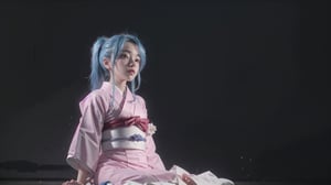 masterpiece, best quality,1girl,kneel,sleeves past wrists,japanese pink clothes,long clothes, colgs,sakura kimono, (kbxll:0.6),blue hair,Dark ghostly background,Detailedface