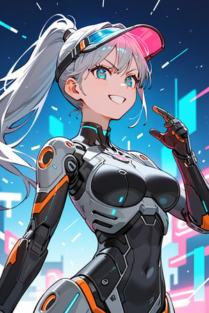 (score_9, score_8_up, score_7_up), (((1girl))), 

(long silver hair, sleek ponytail, futuristic visor), (stylish cyber uniform, metallic details, glowing patterns), (confident expression, determined smile, ready stance), (medium shot, upward angle, bright neon colors), massive robot, sprawling metropolis, night sky, vibrant lights, bustling crowds, dynamic energy, anime-inspired style, detailed textures