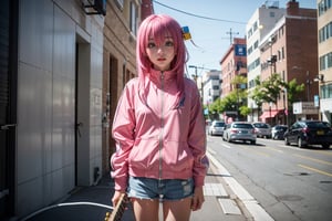  bocchi style, gotou hitori, (electric guitar:1.3), (thigh:1.3),1girl, blue eyes, cube hair ornament, hair between eyes, hair ornament, hair over eyes, jacket, long hair, pink hair, pink jacket, solo, track jacket, zipper, outdoors, ((masterpiece)),girl,Realism,Epic