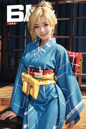 (masterpiece, best quality:1.2),
1girl,
(Dynamic pose:0.18),
(solo:1.5),
(cowboy shot:1.2),
(from side way:0.03),
(thigh:0.6),

Kirara_kimono,((blonde hair)),(japanese clothes),((dark-skinned female)),dark skin,blue eyes,hair ornament,smile,boots,side ponytail,looking at viewer,standing,blue kimono,wide sleeves, indoor, darkness background, sitting,

(floating hair:1.1),
(magazine cover title:1.3) ,More Detail,