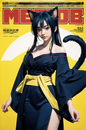 (masterpiece, best quality:1.2),
1girl,
(Dynamic pose:0.78),
(solo:1.5),
(cowboy shot:1.2),
(from side way:0.23),
(thigh:0.6),

kuroka, yellow eyes, slit pupils, black hair, long hair, parted bangs, hair rings, cat ears, animal ear fluff, cat tail, multiple tails,
black kimono, off shoulder, sash, obi, hairband, wide sleeves,
darkness background,

(floating hair:1.1),
(magazine cover title:1.3) ,More Detail,