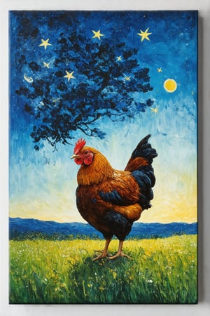 A lone chicken stands proudly in a lush green meadow under the watchful gaze of the starry night sky. The dark silhouette of a majestic tree rises in the distance, its branches stretching towards the heavens like outstretched arms. Above, a canvas of twinkling stars and swirling clouds mirrors the vibrant brushstrokes of Vincent van Gogh's iconic style, as if the artist himself had conjured this whimsical scene.