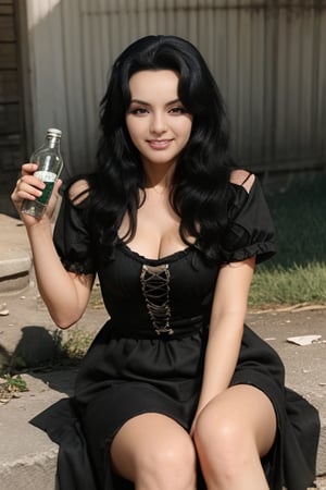 1 girl, smile, long hair, black hair, dress:1.7, short sleeves, bottle, dead girls monster, LaCocaIS