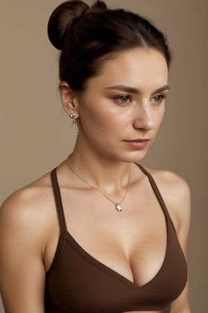 1woman,solo,jewelry,realistic,necklace,brown hair,earrings,breasts,tank top,top,upper body,simple background,bun,cleavage,cigarette,nail polish,lips,portrait,Margav1-01V1