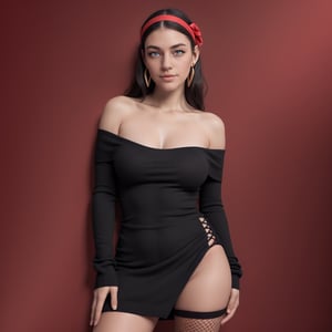 (full body), ((1 woman)), black hair, (detailed eyes), earrings, (gold hair band), (hair band), long hair, side locks, bare shoulders, collarbone, dress, long sleeves, off shoulder, off shoulder dress, off shoulder sweater, pantyhose, fishnet sweater, sweater, sweater dress, thigh high stockings, BREAK interior neckline, lying floor, view from above BREAK looking at viewer, BREAK ( Masterpiece:1.2), Best quality, high resolution, 8k Unity wallpaper, (artwork:0.8), (minimalist red background:1.5) (beautiful detailed eyes:1.6), extremely detailed face, perfect lighting, extremely CG detailed (perfect hands, perfect anatomy),MagicPerez
