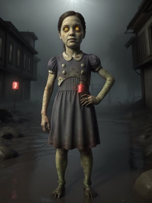 masterpiece, best quality, 1 girl, lilsis, hands on hips, dirty, blood, muddy dress, black hair, dress, horror \(theme\), alone, yellow eyes, dark, yellow sclera, glowing eyes, sinister, underwater city background