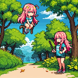 1girl, multicolored  pink hair, fullbody, pixel world,nature, forest, summer  yellow leaf, blue sky,Pixel art,aledovec102