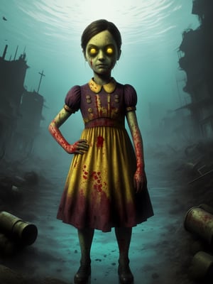 masterpiece, best quality, 1 girl, lilsis, hands on hips, dirty, blood, muddy dress, black hair, dress, horror \(theme\), alone, yellow eyes, dark, yellow sclera, glowing eyes, sinister, underwater city background