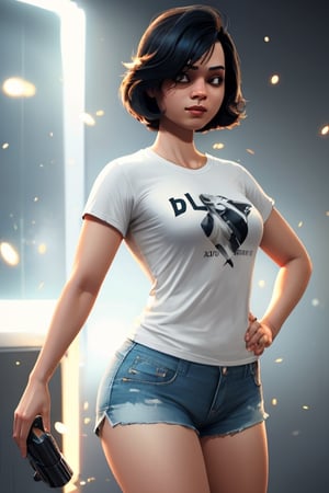 shadmanv1, solo, t-shirt, shorts, thick thighs, small breasts, mature female, volumetric lighting, light particles, upper body, looking at viewer,shadman,realistic illumination