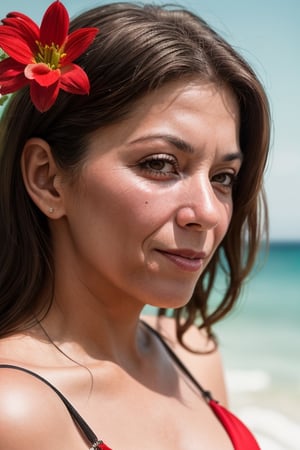 film photography, RAW, (wrinkles), 50 years old, makeup, perfectly proportioned face, ((depth of field)), balance, red flowers, monochrome bikini. wind:1.7, 35mm photography, film, bokeh, professional, 4k, very detailed, ,aledovec102