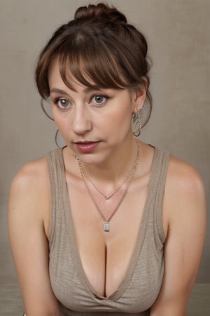 1woman,solo,jewelry,realistic,necklace,brown hair,earrings,breasts,tank top,top,upper body,simple background,bun,cleavage,cigarette,nail polish,lips,krsch1-10