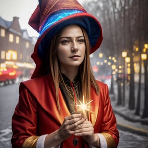 ((Masterpiece, realistic photo)), beyond the black rainbow, Dutch angle, mature woman, a bright blood-red wizard hat, colorful, magical, beautiful, street woman is ready to cast a great spell for people, festive, warm feeling, cheerful,Margav1-01V1