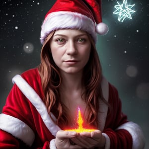 ((Masterpiece, realistic photo)), beyond the black rainbow, Dutch angle, Santa with wizard hat, a bright blood red wizard hat, colorful, magical, beautiful, Christmas woman is ready to cast a great spell for Christmas, festive, warm feeling, joyful,