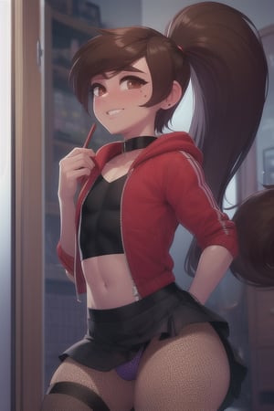 (8k uhd, masterpiece, best quality, high quality, absurdres, ultra-detailed,detailed background,vibrant colors),perfect lighting,1boy,solo, otoko no ko, ,PrincessMario,mole under eye, ponytail,brown hair,long hair,skirt,skirt lift,fishnet pantyhose,red jackets,flat chest,small penis,testcles,blushing,