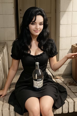 1 girl, smile, long hair, black hair, dress:1.7, short sleeves, bottle, dead girls monster, LaCocaIS