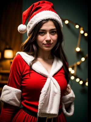 ((masterpiece, realistic photo)), Dutch angle, Santa with wizard hat, a bright blood red wizard hat, colorful, magical, magical, beautiful, Christmas woman is ready to cast a great spell for Christmas, festive, warm feeling, joyful,Margav1-01V1,<lora:659111690174031528:1.0>