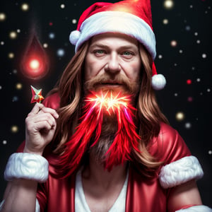 ((Masterpiece, realistic photo)), beyond the black rainbow, Dutch angle, Santa with wizard hat, a bright blood red wizard hat, colorful, magical, beautiful, Christmas woman is ready to cast a great spell for Christmas, festive, warm feeling, joyful,