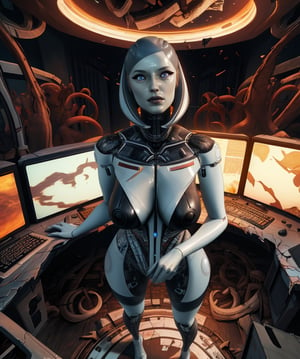 naked, naked tits, hanging breasts, standing, hips, standing, space station, computers, ((chaos:1.57)), (Incredibly detailed), (beautiful detailed face), (masterpiece), (beautiful detailed eyes) , (best quality), (correct anatomy), Uno, ((EDI)), MassEffect