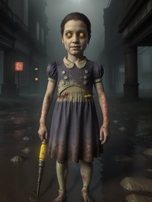 masterpiece, best quality, 1 girl, lilsis, hands on hips, dirty, blood, muddy dress, black hair, dress, horror \(theme\), alone, yellow eyes, dark, yellow sclera, glowing eyes, sinister, underwater city background