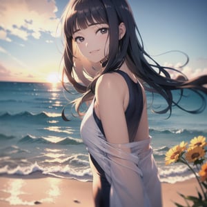 (RAW picture), 1girl, daidouji_tomoyo with black eyes, wearing (one-piece swimsuit), happy, at the beach, upper body, soft smile, summer
BREAK
very detailed, full of detail, blue sky, sun, cinematic lighting, sand, wind, sunset, orange lighting