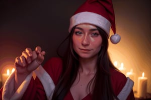 ((masterpiece, realistic photo)), Dutch angle, Santa with wizard hat, a bright blood red wizard hat, colorful, magical, magical, beautiful, Christmas woman is ready to cast a great spell for Christmas, festive, warm feeling, joyful,Margav1-01V1