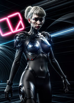 WOMAN, strange fashion, fashion photography, ((neon lights:0.7)), retro future, android fight, reality bug, chaotic, dimensional rift, nanotechnology wonder, cyborg symbiosis, (fighting female androids),