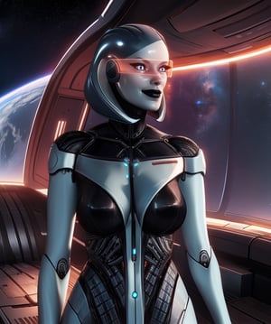 Edi,blue eyes,tinted visor,android, black lips, upper body,smile,standing,space cabin,science fiction,(insanely detailed, best quality)  solo,,EDI