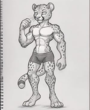 muscular, (cheetah, whiskers, black spots, long arms, long legs, paws, pawpads), solo, anthro, bright eyes, ((slim waist)), (male:1.1), underwear, boxer briefs,  ((black underwear, furgonomics)),  best quality), simple background, sketch, monochrome, greyscale, traditional media,by squeedge