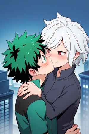 source_anime, score_7_up, score_8_up, score_9_up,1 boy,bell cranel,smile,blush, bitten face,naughty face,whitle hair, red  eyes,1 boy,izuku_midoriya,shy face,surprised face,green hair, green eyes, short hair,(((kiss))),(((deep in love))),rooftop,city background fog