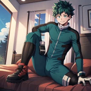 (masterpiece, best quality:1.2), solo, male focus, 1boy, midoriya izuku, smile, looking at viewer, short green hair, green eyes, green bodysuit, gloves, bedroom, windows, midoriya izuku