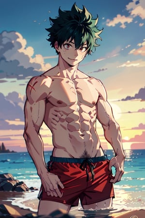 masterpiece, best quality, 1boy, solo, male focus, red male swimwear, swim trunks, male swimwear pull, bulge, from below, nipples, abs, muscular male, muscular, bara, parted bangs, looking at viewer, smile, closed mouth, highly detailed, sunset, beach, Red Eyes Pointed Slightly Inwards, Small Scar Above Right Eye, Small Eyebrows, Pointed Teeth, Bright Red Hair, Spiked Hairin All Directions, Little  Tufts on Forehead, Lofty Hair Style, Determined Expression,myherocademia,midoriya izuku