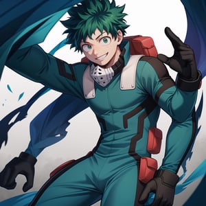 (masterpiece, best quality:1.2), , cowboy shot, solo, male focus, 1boy, midoriya izuku, smile, looking at viewer, short green hair, green eyes, green bodysuit, gloves,midoriya izuku