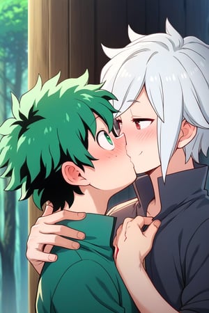 source_anime, score_7_up, score_8_up, score_9_up,1 boy,bell cranel,smile,blush, bitten face,naughty face,whitle hair, red  eyes,1 boy,izuku_midoriya,shy face,surprised face,green hair, green eyes, short hair,(((kiss))),(((deep in love))),forest,city background fog