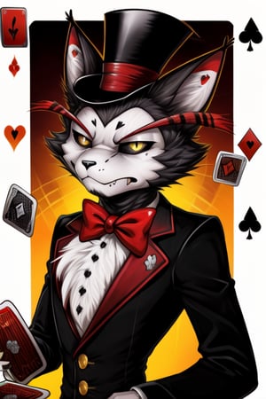 hazbin,Husk is an anthropomorphic avian cat demon. His look is evocative of a magician, paired with a casino referencing playing card theme. The sclera of his eyes are black, with light yellow irises and slit pupils,black body
