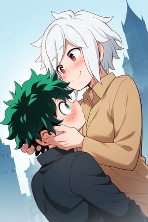 source_anime, score_7_up, score_8_up, score_9_up,1 boy,bell cranel,smile,blush, bitten face,naughty face,whitle hair, red  eyes,1 boy,izuku_midoriya,shy face,surprised face,green hair, green eyes, short hair,(((kiss))),(((deep in love))),rooftop,city background fog