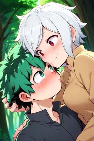 source_anime, score_7_up, score_8_up, score_9_up,1 boy,bell cranel,smile,blush, bitten face,naughty face,whitle hair, red  eyes,1 boy,izuku_midoriya,shy face,surprised face,green hair, green eyes, short hair,(((kiss))),(((deep in love))),forest,city background fog