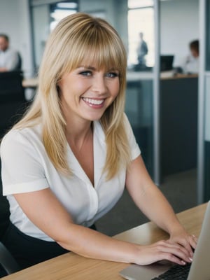 a woman, blonde long hair, bangs haircut framing her face, smiling, ((Wide shot,low perspective, full body shot)), in her office, working on laptop, taking a phone call,