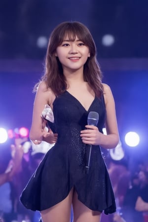 A glamorous K-pop star stands center stage, exuding elegance and charm. The scene is set in a grand concert hall, with spotlights creating a dramatic effect, highlighting her flawless makeup and luxurious attire. She poses with a confident smile, holding a microphone, her posture reflecting poise and sophistication. The background is filled with vibrant, colorful lights, enhancing the atmosphere of a high-energy performance. The composition captures her star power and the electrifying ambiance of a K-pop concert.