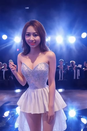 A glamorous K-pop star stands center stage, exuding elegance and charm. The scene is set in a grand concert hall, with spotlights creating a dramatic effect, highlighting her flawless makeup and luxurious attire. She poses with a confident smile, holding a microphone, her posture reflecting poise and sophistication. The background is filled with vibrant, colorful lights, enhancing the atmosphere of a high-energy performance. The composition captures her star power and the electrifying ambiance of a K-pop concert.